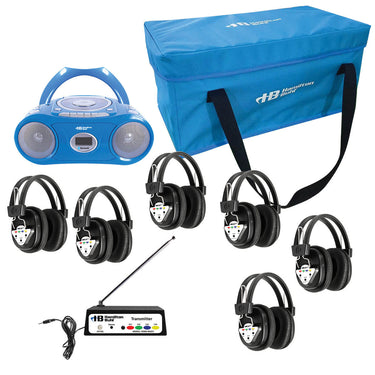 Wireless 6 person listening center with Bluetooth boombox and headphone pack for school and education.
